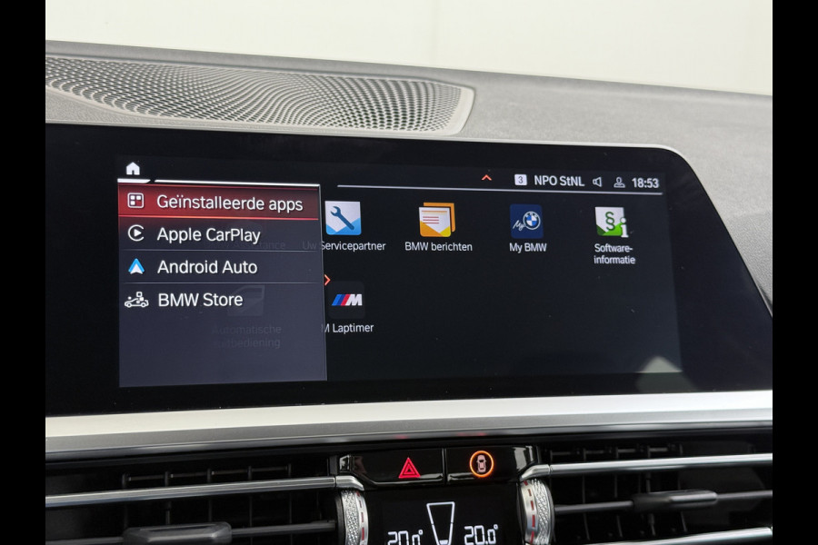 BMW 3-serie 320i 2.0T 184pk AUT-8 Navi-Pro Apple Carplay Android Bordherk. Sport Line Shadow-Line Sportstoel+ 1/2 Leer PDC-a+v Teleservice D HiFi+9speakers Drive-Assist LED Connected-Services LED Live Cockpit Pro Active guard DAB WiFi 1600kg trekvermogen