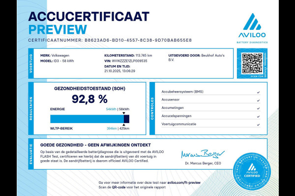 Volkswagen ID.3 First Plus 58 kWh Cam Carplay Adapt SOh 92.8