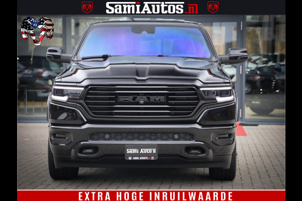 Dodge Ram 1500 BLACK OPS LONGHORN 5.7 V8 HEMI | 8820KM! | BOM VOL | HUD | LUCHTVERING | PANO | 200L LPG | ADAPTIVE CRUISE | DIGI VIRTUAL CLUSTER | CARPLAY | 3500KG | HEADUP | CREW CAB DUBBELE CABINE | 5 PERSOONS | ZWART MET BRUIN LEDER | Z.G.A.N