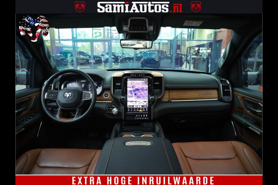 Dodge Ram 1500 BLACK OPS LONGHORN 5.7 V8 HEMI | 8820KM! | BOM VOL | HUD | LUCHTVERING | PANO | 200L LPG | ADAPTIVE CRUISE | DIGI VIRTUAL CLUSTER | CARPLAY | 3500KG | HEADUP | CREW CAB DUBBELE CABINE | 5 PERSOONS | ZWART MET BRUIN LEDER | Z.G.A.N