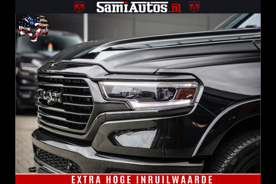 Dodge Ram 1500 BLACK OPS LONGHORN 5.7 V8 HEMI | 8820KM! | BOM VOL | HUD | LUCHTVERING | PANO | 200L LPG | ADAPTIVE CRUISE | DIGI VIRTUAL CLUSTER | CARPLAY | 3500KG | HEADUP | CREW CAB DUBBELE CABINE | 5 PERSOONS | ZWART MET BRUIN LEDER | Z.G.A.N