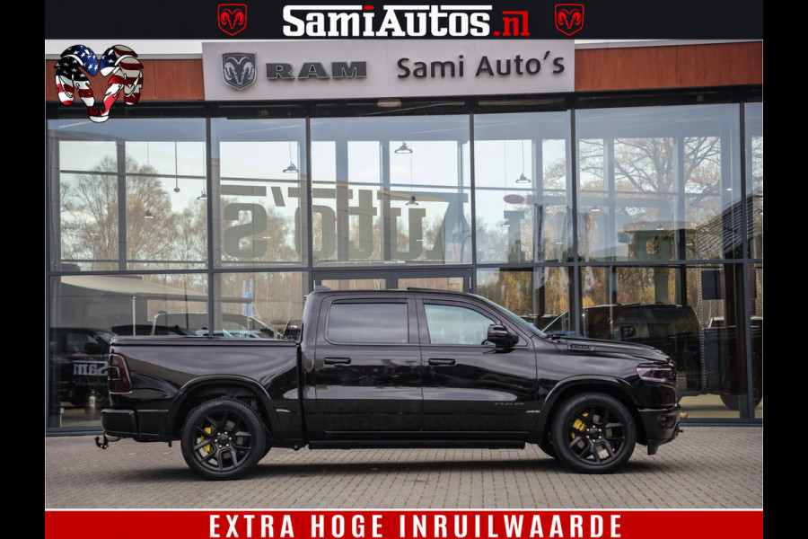 Dodge Ram 1500 BLACK OPS LONGHORN 5.7 V8 HEMI | 8820KM! | BOM VOL | HUD | LUCHTVERING | PANO | 200L LPG | ADAPTIVE CRUISE | DIGI VIRTUAL CLUSTER | CARPLAY | 3500KG | HEADUP | CREW CAB DUBBELE CABINE | 5 PERSOONS | ZWART MET BRUIN LEDER | Z.G.A.N