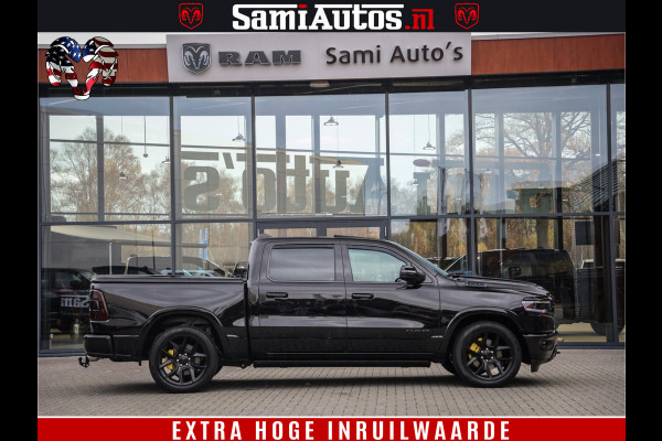 Dodge Ram 1500 BLACK OPS LONGHORN 5.7 V8 HEMI | 8820KM! | BOM VOL | HUD | LUCHTVERING | PANO | 200L LPG | ADAPTIVE CRUISE | DIGI VIRTUAL CLUSTER | CARPLAY | 3500KG | HEADUP | CREW CAB DUBBELE CABINE | 5 PERSOONS | ZWART MET BRUIN LEDER | Z.G.A.N