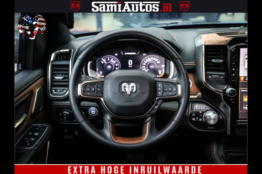 Dodge Ram 1500 BLACK OPS LONGHORN 5.7 V8 HEMI | 8820KM! | BOM VOL | HUD | LUCHTVERING | PANO | 200L LPG | ADAPTIVE CRUISE | DIGI VIRTUAL CLUSTER | CARPLAY | 3500KG | HEADUP | CREW CAB DUBBELE CABINE | 5 PERSOONS | ZWART MET BRUIN LEDER | Z.G.A.N