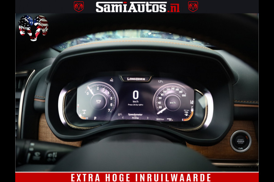 Dodge Ram 1500 BLACK OPS LONGHORN 5.7 V8 HEMI | 8820KM! | BOM VOL | HUD | LUCHTVERING | PANO | 200L LPG | ADAPTIVE CRUISE | DIGI VIRTUAL CLUSTER | CARPLAY | 3500KG | HEADUP | CREW CAB DUBBELE CABINE | 5 PERSOONS | ZWART MET BRUIN LEDER | Z.G.A.N