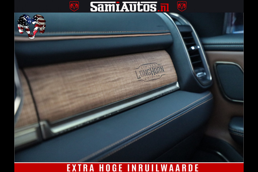 Dodge Ram 1500 BLACK OPS LONGHORN 5.7 V8 HEMI | 8820KM! | BOM VOL | HUD | LUCHTVERING | PANO | 200L LPG | ADAPTIVE CRUISE | DIGI VIRTUAL CLUSTER | CARPLAY | 3500KG | HEADUP | CREW CAB DUBBELE CABINE | 5 PERSOONS | ZWART MET BRUIN LEDER | Z.G.A.N