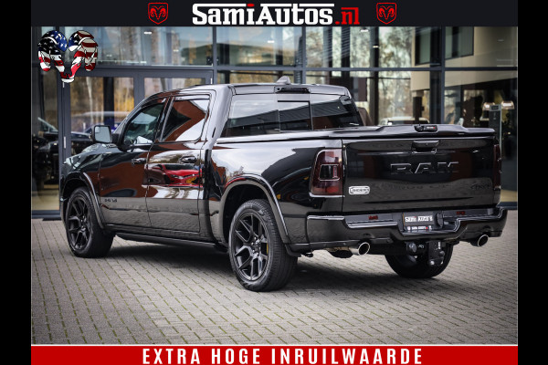 Dodge Ram 1500 BLACK OPS LONGHORN 5.7 V8 HEMI | 8820KM! | BOM VOL | HUD | LUCHTVERING | PANO | 200L LPG | ADAPTIVE CRUISE | DIGI VIRTUAL CLUSTER | CARPLAY | 3500KG | HEADUP | CREW CAB DUBBELE CABINE | 5 PERSOONS | ZWART MET BRUIN LEDER | Z.G.A.N