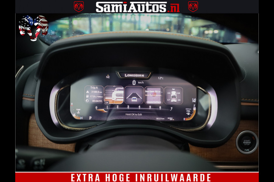 Dodge Ram 1500 BLACK OPS LONGHORN 5.7 V8 HEMI | 8820KM! | BOM VOL | HUD | LUCHTVERING | PANO | 200L LPG | ADAPTIVE CRUISE | DIGI VIRTUAL CLUSTER | CARPLAY | 3500KG | HEADUP | CREW CAB DUBBELE CABINE | 5 PERSOONS | ZWART MET BRUIN LEDER | Z.G.A.N