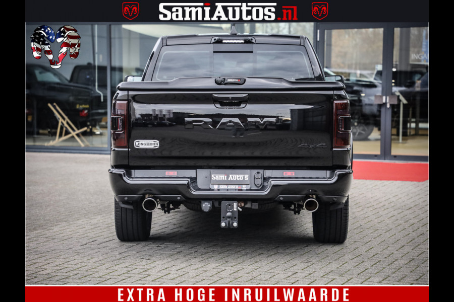 Dodge Ram 1500 BLACK OPS LONGHORN 5.7 V8 HEMI | 8820KM! | BOM VOL | HUD | LUCHTVERING | PANO | 200L LPG | ADAPTIVE CRUISE | DIGI VIRTUAL CLUSTER | CARPLAY | 3500KG | HEADUP | CREW CAB DUBBELE CABINE | 5 PERSOONS | ZWART MET BRUIN LEDER | Z.G.A.N