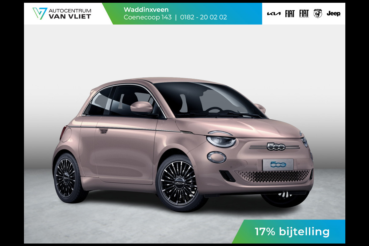 Fiat 500E 3+1 La Prima 42 kWh | 17% Bijtelling | Clima | Cruise | Leder | 17" | Priv Glass | Winter Pack | JBL Sound | BSM | Apple Carplay