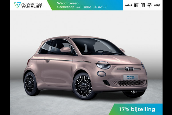 Fiat 500E 3+1 La Prima 42 kWh | 17% Bijtelling | Clima | Cruise | Leder | 17" | Priv Glass | Winter Pack | JBL Sound | BSM | Apple Carplay