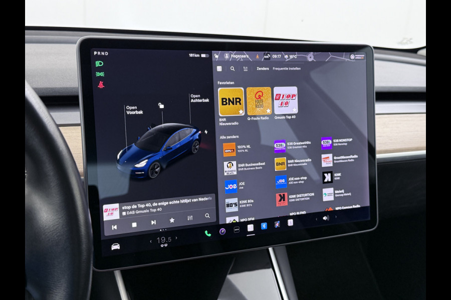 Tesla Model 3 RWD SR+ 325PK Lmv 18" AutoPilot FSD 2.5 Leder PanoDak Adaptive-Cruise Lmv Camera's Elektr.-Stuur+Stoelen+Spiegels+Geheugen+Easy- Navi LED Comfortstoelen ACC DAB Voorverwarmen interieur via App Keyless via Telefoonsleutel One-Pedal-Drive Origineel Nederlandse auto tot 11kw laden thuis! 1.584kg licht! Keurige auto!! 1000kg trekvermogen