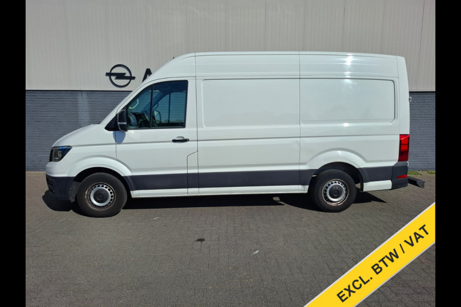 Volkswagen Crafter 35 2.0TDI L3H3 3-Persoons Navi Airco Cruise Control Verwarmbare Voorruit Regensensor Pdc Schuifdeur Betonplex vloer Wandbetimmering Highline Euro 6 Diverse beschadigingen rondom