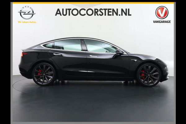 Tesla Model 3 Performance 513pk 0-100 3,4sec AWD Lmv 20" AutoPilot Panoramadak Adaptive Cruise Camera's Leer Pdc Wifi Ecc Elektr.-A-Klep+Stuur+Verst.Stoel+Geheugen Easy Entry Stoel+Bank-Verwarmd Keyless carbon spoiler rode remklauwen WiFi  75kWh 4WD 1e Eigenaar Origineel Nederlandse Auto SOH 88%