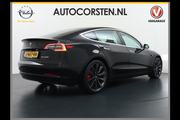 Tesla Model 3 Performance 513pk 0-100 3,4sec AWD Lmv 20" AutoPilot Panoramadak Adaptive Cruise Camera's Leer Pdc Wifi Ecc Elektr.-A-Klep+Stuur+Verst.Stoel+Geheugen Easy Entry Stoel+Bank-Verwarmd Keyless carbon spoiler rode remklauwen WiFi  75kWh 4WD 1e Eigenaar Origineel Nederlandse Auto SOH 88%