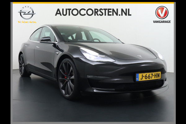 Tesla Model 3 Performance 513pk 0-100 3,4sec AWD Lmv 20" AutoPilot Panoramadak Adaptive Cruise Camera's Leer Pdc Wifi Ecc Elektr.-A-Klep+Stuur+Verst.Stoel+Geheugen Easy Entry Stoel+Bank-Verwarmd Keyless carbon spoiler rode remklauwen WiFi  75kWh 4WD 1e Eigenaar Origineel Nederlandse Auto SOH 88%