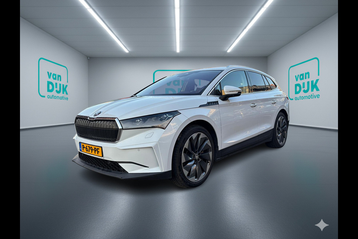 Škoda Enyaq iV 80 KwH SOH 94% trekhaak Drive sport plus warmtepomp lederen bekleding wit metallic 21 inch lichtmetalen velgen