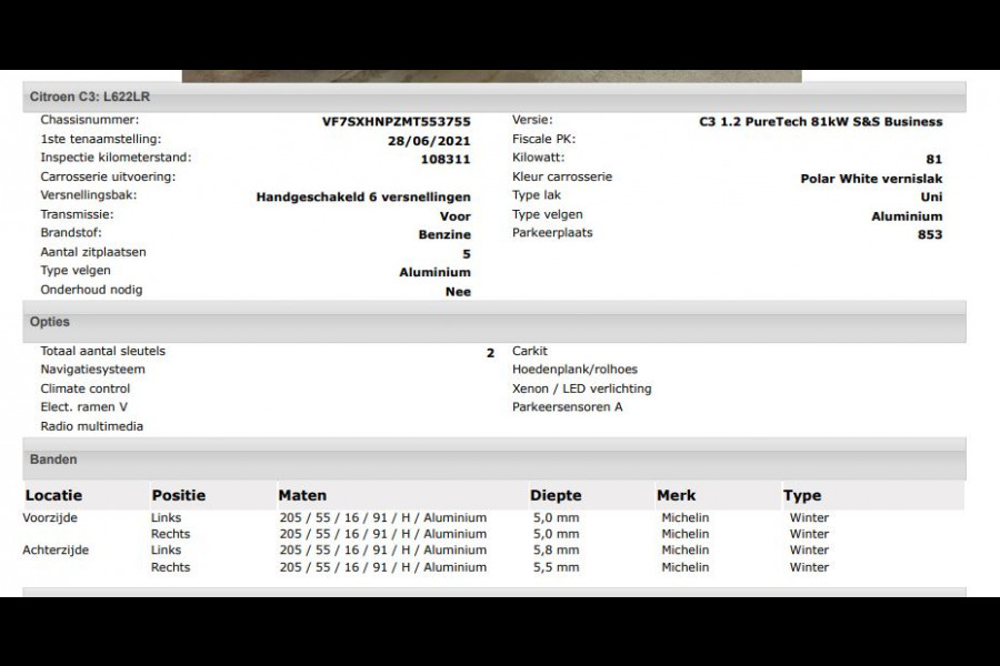 Citroën C3 1.2 110PK 6 Versn. PureTech Business * Distributie vv bij 94.000KM * Navigatie / Pdc+Camera / Airco-ecc./ Radio multimedia / / Apk 06-2027