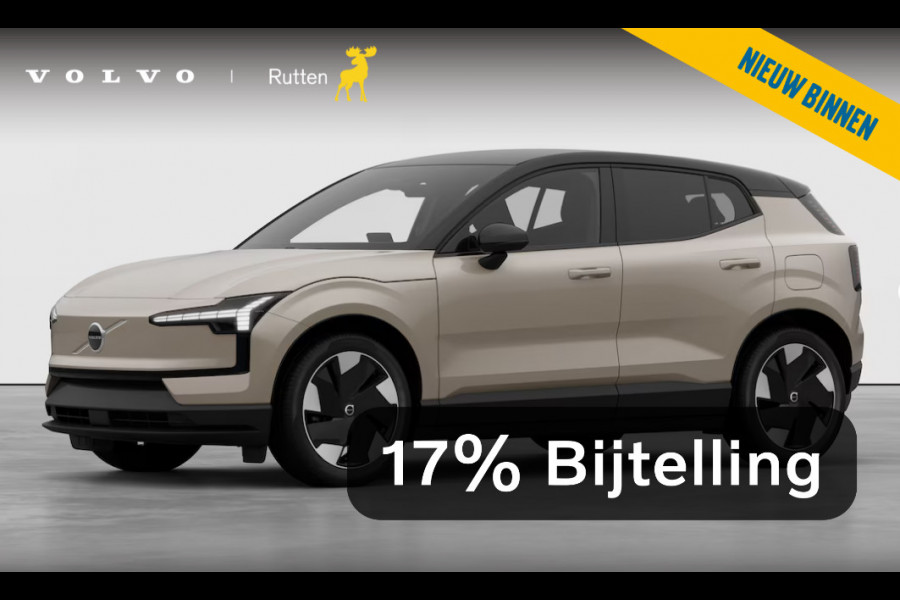 Volvo EX30 272PK Automaat Single Motor Ext. Range Plus Europa / Elektrische stoelen met geheugen / Stoel - en stuurwielverwarming / Harman Kardon audio / Elektrische achterklep / Keyless entry / Adaptieve Cruise Control / BLIS / Dodehoek Detectie / Parkeersensoren voor en achter / Achteruitrijcamera / Warmtepomp / Google Services/