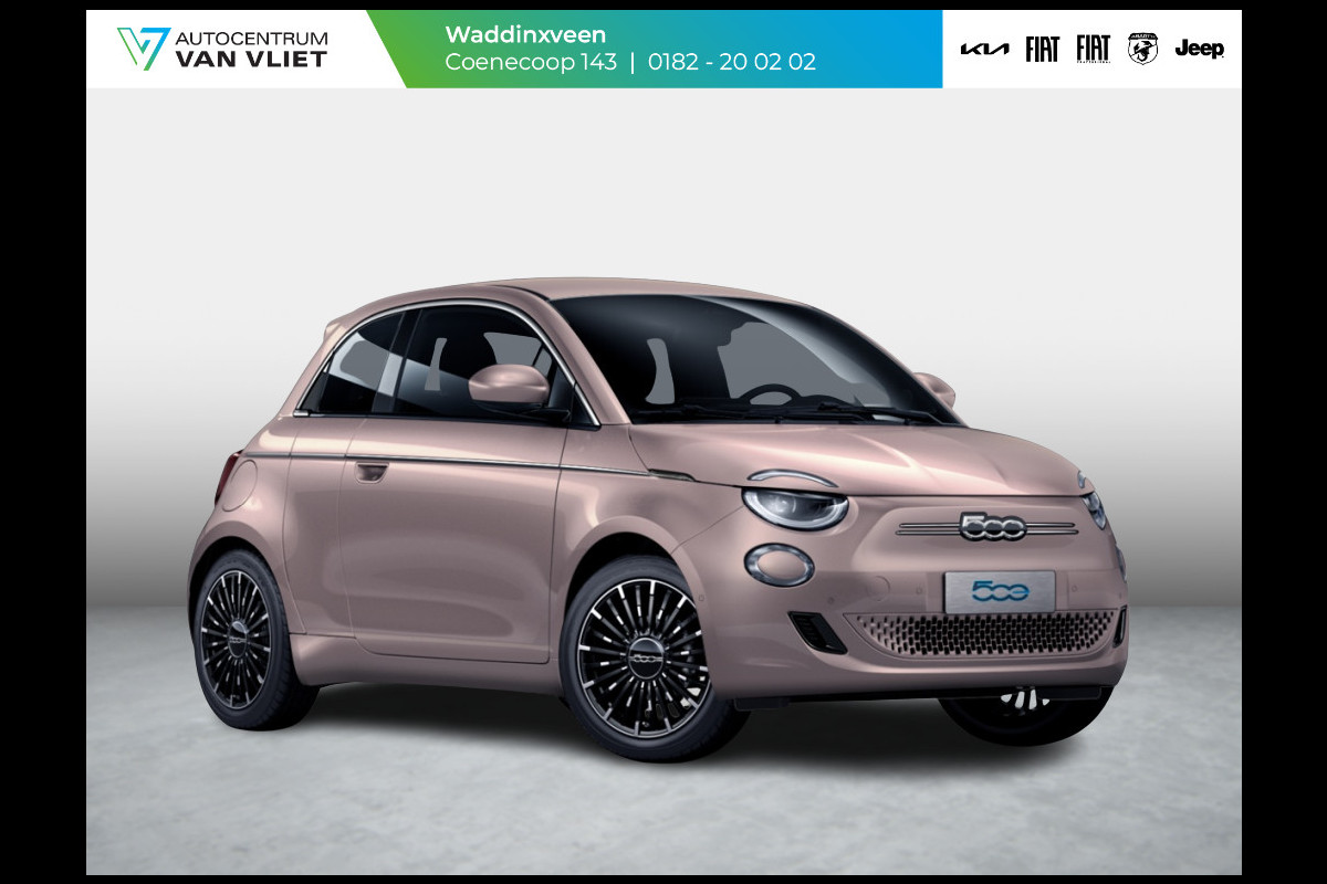 Fiat 500E 3+1 La Prima 42 kWh | 17% Bijtelling | Clima | Cruise | Leder | 17" | Priv Glass | Winter Pack | JBL Sound | BSM | Apple Carplay