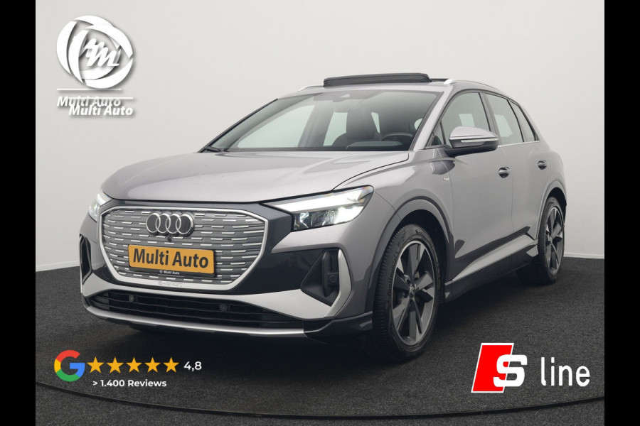 Audi Q4 e-tron 50 quattro S Line 77 kWh 299pk Dealer O.H. INCL BTW | Panodak | Lederen Sportstoelen Verwarmd | Keyless | Navigatie | Cruise Control | Virtual | DAB | Taifungrau Metallic |
