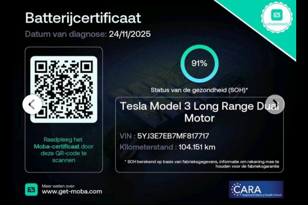 Tesla Model 3 Long Range AWD 75 kWh 91% SOH Dual Motor Autopilot