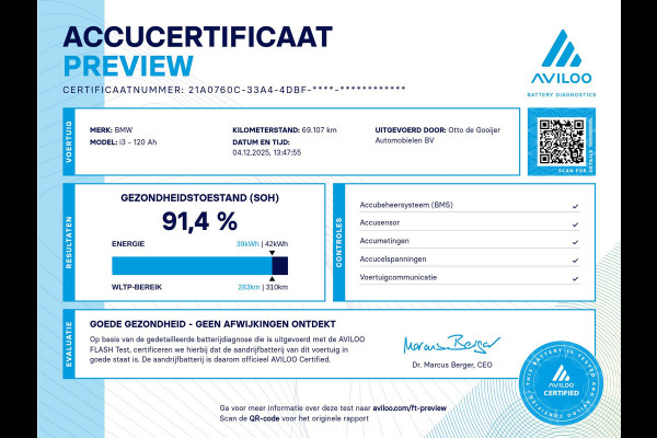 BMW i3 Basis 120Ah 42 kWh / SoH 91.4% / Navigatie / 19'' / Parkeerhulp achter / Navigatie / Harman Kardon / Stoelverwarming / Cruise Control / Warmtepomp / Getint glas