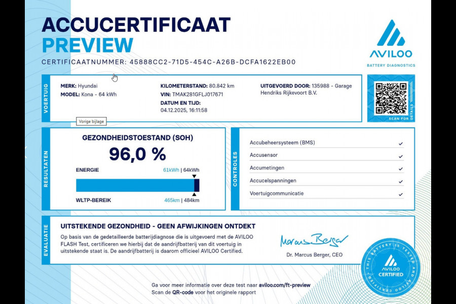 Hyundai Kona EV Comfort 64 kWh | SOH: 96% | 3 fase | occasion