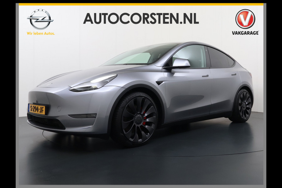 Tesla Model Y Performance 534pk 0-100 3,8 sec. Trekhaak AWD 78,1kWh Warmte-pomp FSD-Comp.3 AutoPilot Carbon-Spoiler Elekr.Achterklep AMD-Ryzen 3xCamera Navi LED ACC DAB Voorverwarmen interieur en Keyless via App One-Pedal-Drive Rode Remklauwen Garantie op Accu 03-02-2031 maz. 192.000km max. 250Kw laadvermogen !