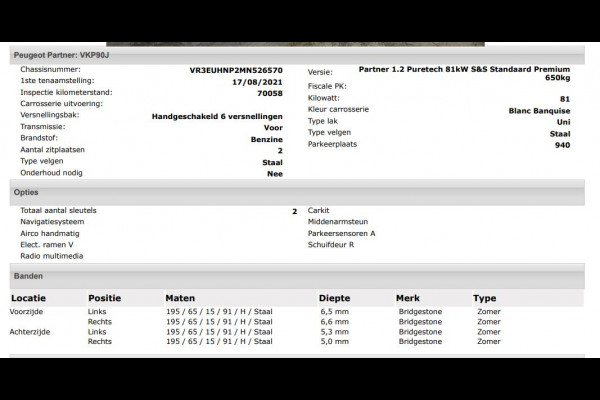 Peugeot Partner 1.2 Benzine 111PK Euro6 *Distributie bij 68Dkm. vervangen* Premium / Airco / Navigatie / Schuifdeur Re./ Radio multimedia / Apk 08-2027
