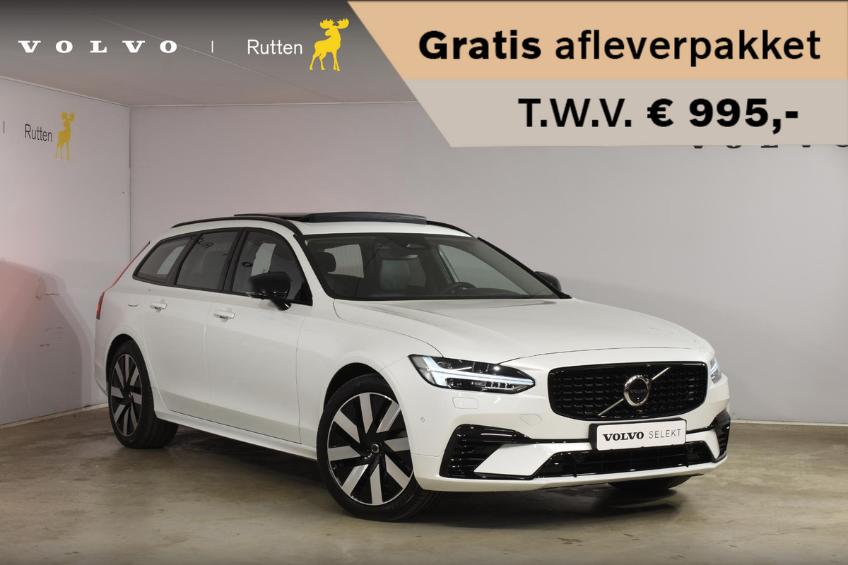 Volvo V90 T8 455PK Automaat Plug-in Hybrid AWD Ultra Dark / Navigatie / 360 Camera / Harman Kardon / Stuur & Stoelverwarming / Gelaagde Zijruiten / LM Velgen / Trekhaak