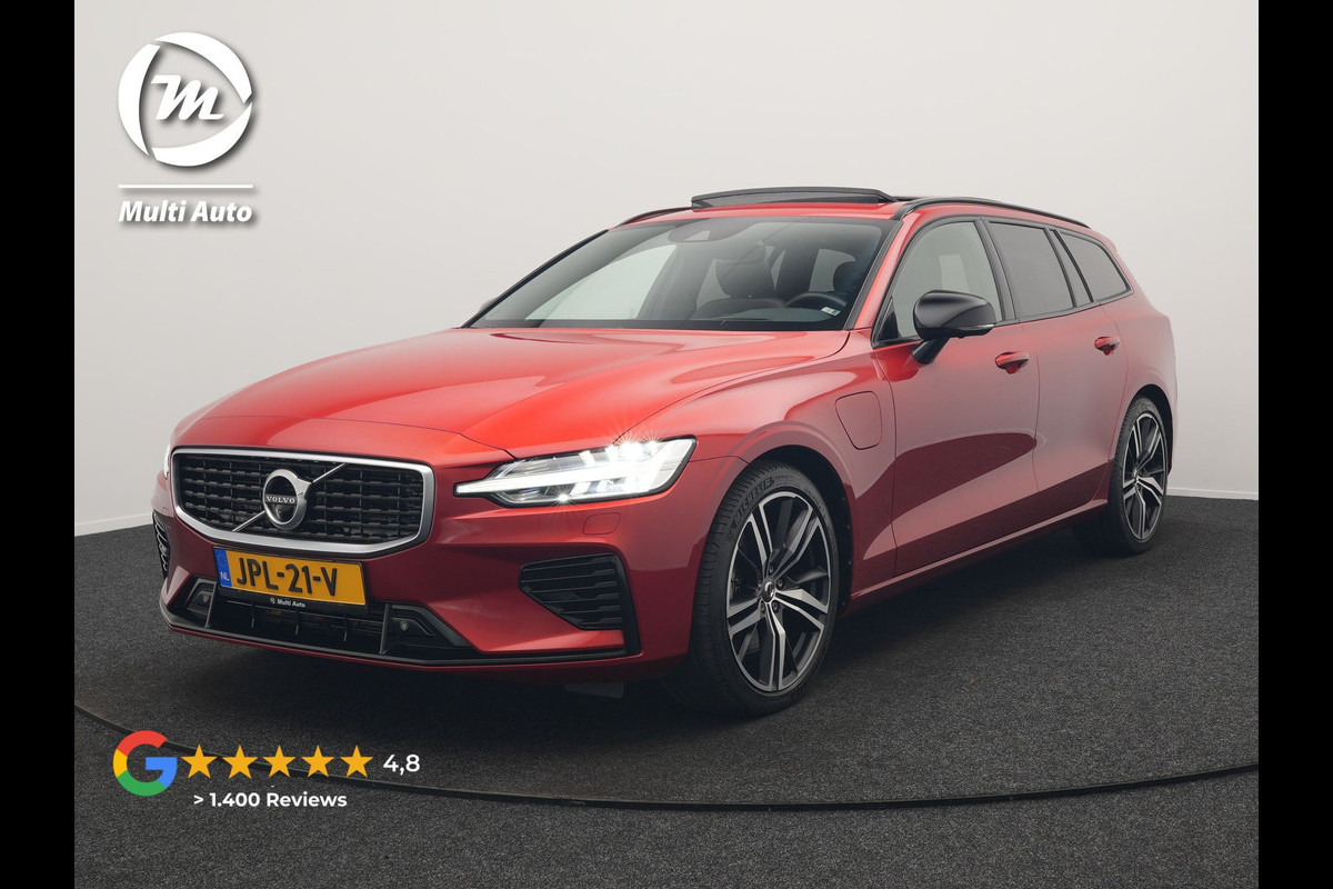 Volvo V60 T6 Twin Engine AWD R-Design Plug In Hybrid 340pk Dealer O.H. PHEV | Trekhaak Af Fabriek | Panodak | Head Up | Adaptive Cruise | 360 Camera | Lederen Sportstoelen Memory & Verwarmd | Apple Carplay | Stuur Verwarmd | Blis | Keyless | Navigatie | DAB |