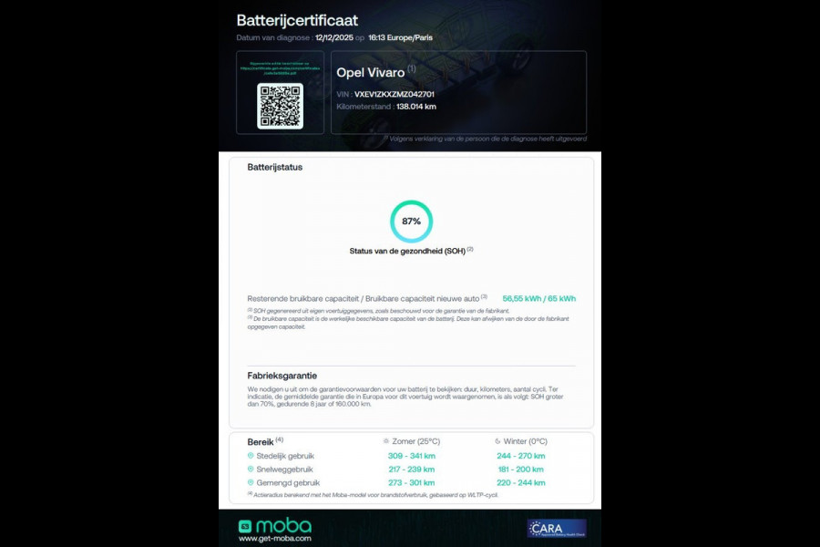 Opel Vivaro-e L2H1 Edition 75 kWh 100% Elektrisch WLTP Range 315km SOH 87% 05-2021