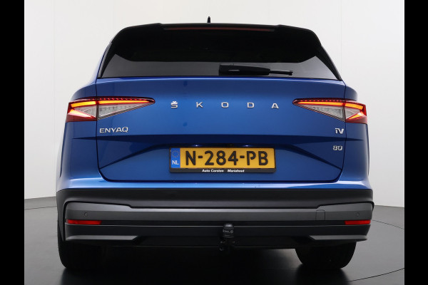 Škoda ENYAQ iV 80 Pano-Dak Adap.Cruise Trekhaak 360°Camera Elek.Stoelen+Memory+Verwarmd Apple Carplay Android Head-Up Display Led Stuur+Achterbankverwarming Elek.Achterklep Keyless advanced SOH 92% Zeer compleet! 1.000kg trekvermogen! 3-fase-11kw-thuisladen