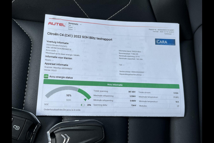 Citroën Ë-C4 Shine 50 kWh SOH 98% 3-FASE LADER | VAN: €19.900 VOOR: €17.877- UW EINDEJAARSVOORDEEL: €2.023| stuur + stoel verwarming | trekhaak | head-up display | Camera | keyles start & go | dodehoek | Rijklaar geleverd met 12 maanden BOVAG-garantie
