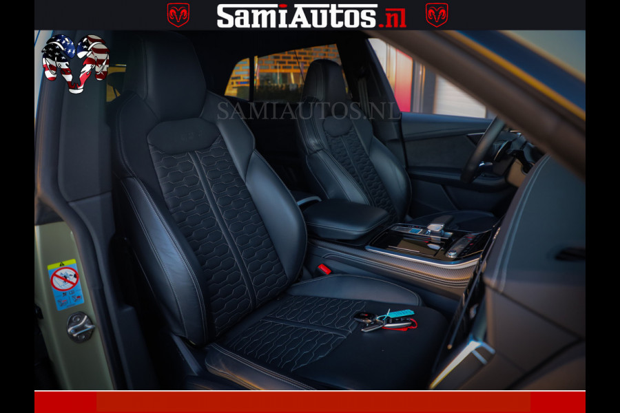 Audi RS Q8 RSQ8 600PK 4.0 TFSI | MATT OLIVE GREEN | QUATTRO | MEGA VOLLE RSQ8 | BANG & OLUFSEN | HUD | 4 WIELBESTURING | 23 INCH AUDI SPORT WHEELS | RS BEKLEDING ZWART | PANO | SOFTCLOSE | De Lamborghini Urus en Audi RS Q8 zijn beide supersnelle SUV's met dezelfde basis (4.0L V8 twin-turbo motor van de VW Group)