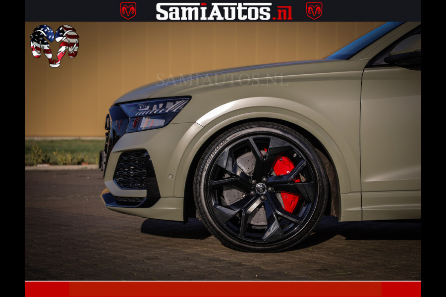 Audi RS Q8 RSQ8 600PK 4.0 TFSI | MATT OLIVE GREEN | QUATTRO | MEGA VOLLE RSQ8 | BANG & OLUFSEN | HUD | 4 WIELBESTURING | 23 INCH AUDI SPORT WHEELS | RS BEKLEDING ZWART | PANO | SOFTCLOSE | De Lamborghini Urus en Audi RS Q8 zijn beide supersnelle SUV's met dezelfde basis (4.0L V8 twin-turbo motor van de VW Group)