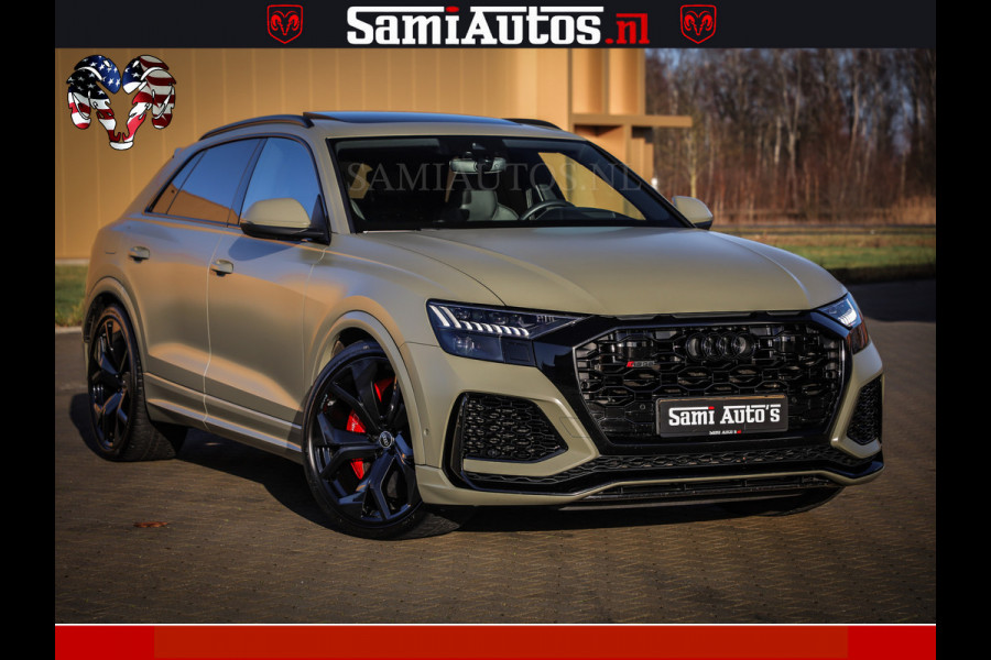 Audi RS Q8 RSQ8 600PK 4.0 TFSI | MATT OLIVE GREEN | QUATTRO | MEGA VOLLE RSQ8 | BANG & OLUFSEN | HUD | 4 WIELBESTURING | 23 INCH AUDI SPORT WHEELS | RS BEKLEDING ZWART | PANO | SOFTCLOSE | De Lamborghini Urus en Audi RS Q8 zijn beide supersnelle SUV's met dezelfde basis (4.0L V8 twin-turbo motor van de VW Group)