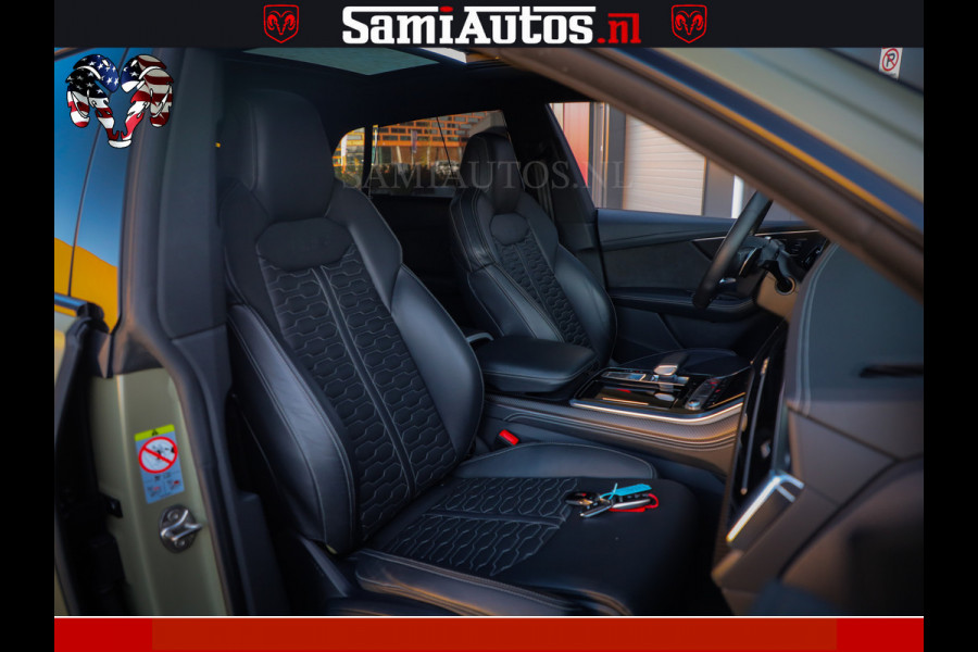 Audi RS Q8 RSQ8 600PK 4.0 TFSI | MATT OLIVE GREEN | QUATTRO | MEGA VOLLE RSQ8 | BANG & OLUFSEN | HUD | 4 WIELBESTURING | 23 INCH AUDI SPORT WHEELS | RS BEKLEDING ZWART | PANO | SOFTCLOSE | De Lamborghini Urus en Audi RS Q8 zijn beide supersnelle SUV's met dezelfde basis (4.0L V8 twin-turbo motor van de VW Group)