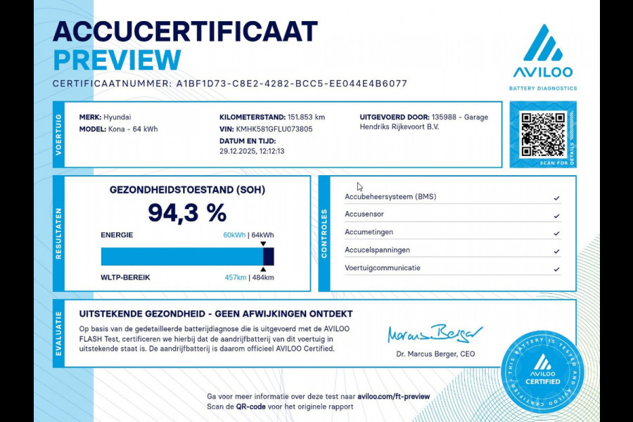 Hyundai Kona EV Premium 64 kWh | SOH: 94,3% | 3 fase | Leder | Two Tone Black | Climate | occasion