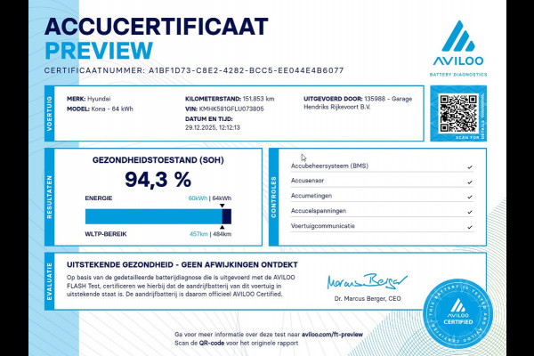 Hyundai Kona EV Premium 64 kWh | SOH: 94,3% | 3 fase | Leder | Two Tone Black | Climate | occasion