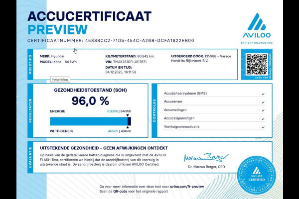 Hyundai Kona EV Comfort 64 kWh | SOH: 96% | 3 fase | occasion
