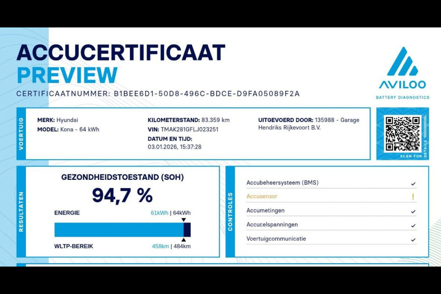 Hyundai Kona EV Comfort 64 kWh | SOH: 94,7 % | 3 Fase | Warmtepomp | Navi | Adaptive CC | Climate |