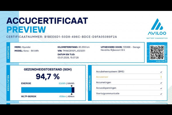 Hyundai Kona EV Comfort 64 kWh | SOH: 94,7 % | 3 Fase | Warmtepomp | Navi | Adaptive CC | Climate |