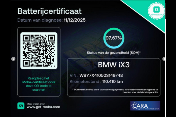 BMW iX3 High Executive 80 kWh (PANORAMADAK, SoH 97.7% TREKHAAK, SFEERVERLICHTING, STOELVERWARMING, ACHTERUITRIJCAMERA, NAVIGATIE)