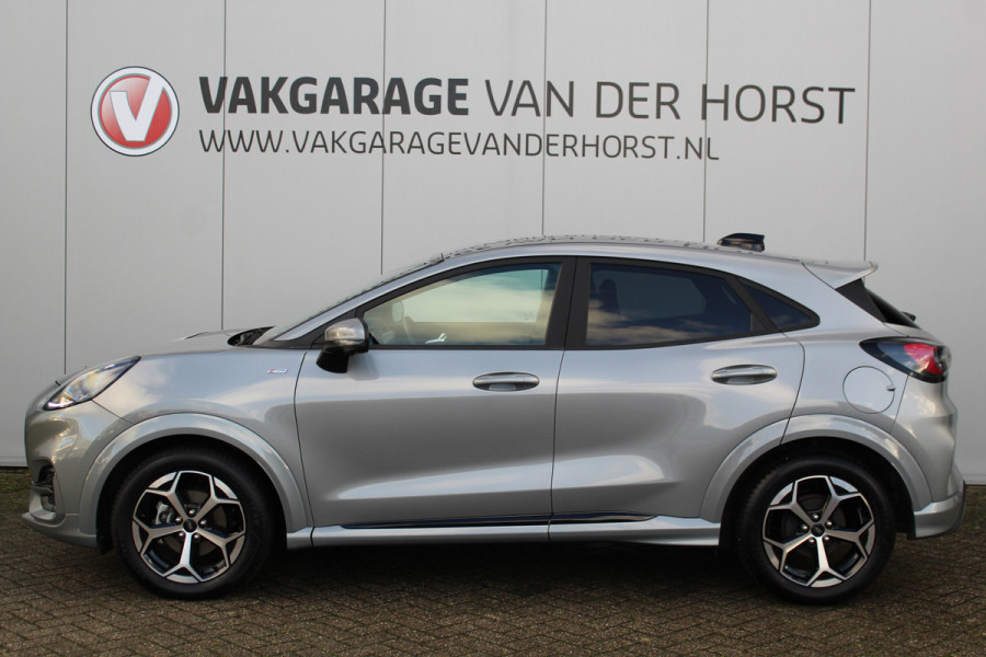 Ford Puma 1.0-125pk EcoBoost Mild Hybrid ST-Line X AUTOMAAT ! Nieuw model ! Fabrieksgarantie t/m 16-09-2028. Mooie, erg luxe hoogzitter ! Slechts 11.300km ! Autm. airco, camera rondom, navigatie, telefoonvoorb., B&O soundsyst., metallic lak, LM wielen, LED verlichting, adaptieve cruise control etc.