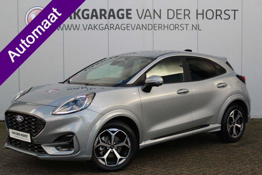 Ford Puma 1.0-125pk EcoBoost Mild Hybrid ST-Line X AUTOMAAT ! Nieuw model ! Fabrieksgarantie t/m 25-09-2028. Mooie, erg luxe hoogzitter ! Slechts 8.500 km ! Autm. airco, camera rondom, navigatie, telefoonvoorb., B&O soundsyst., metallic lak, LM wielen, LED verlichting, adaptieve cruise control etc.