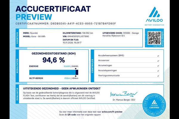 Hyundai Kona EV Premium 64 kWh | SOH: 94,6% | Leder | Warmtepomp | Adaptive CC | Navi | Camera |