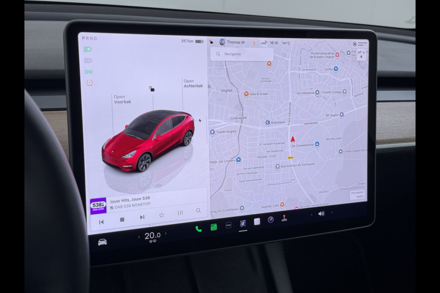 Tesla Model Y Long Range AWD 75kWh SOH 95% Warmtepomp Matrix-Led Leder Navi Ecc Premium Audio Stoel+Stuurverwarming Autopilot Adaptieve Cruise Memory Intel Atom® Processor Achterbank verwarmd 4WD Elek.Stoelen+Achterklep Zeer complete Model Y in de speciale kleur Midnight Cherry Red.