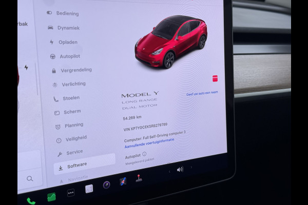 Tesla Model Y Long Range AWD 75kWh SOH 95% Warmtepomp Matrix-Led Leder Navi Ecc Premium Audio Stoel+Stuurverwarming Autopilot Adaptieve Cruise Memory Intel Atom® Processor Achterbank verwarmd 4WD Elek.Stoelen+Achterklep Zeer complete Model Y in de speciale kleur Midnight Cherry Red.